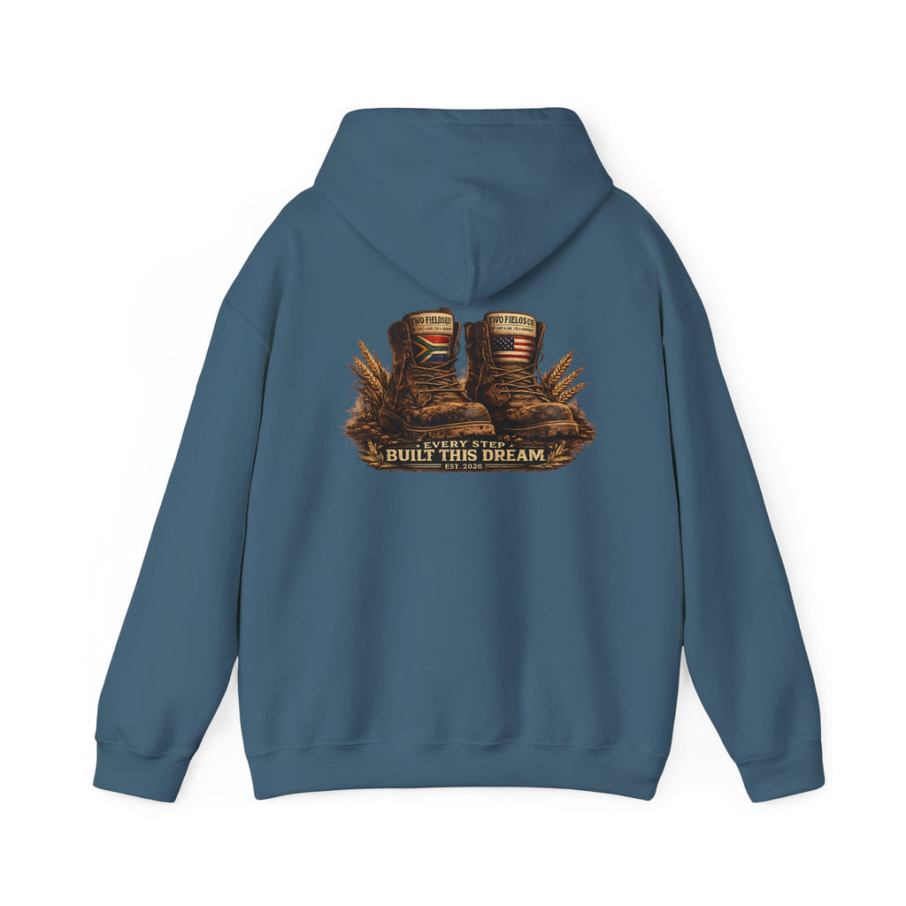 Blue hooded sweatshirt with western graphic print on the back