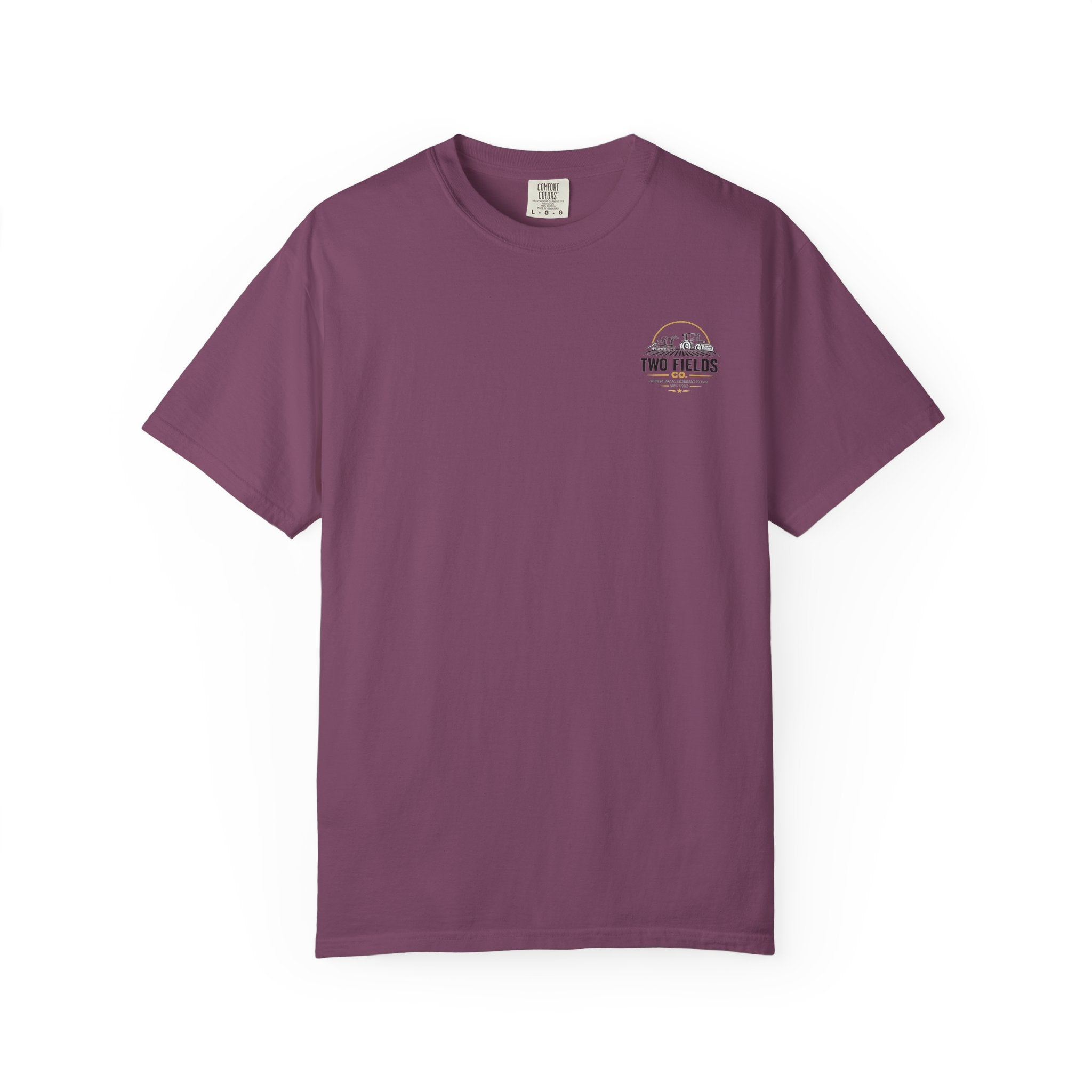 Plum crew-neck T-shirt with small Two Fields Co. mountain logo on chest