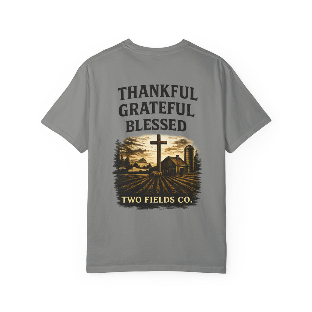 Gray crew-neck T-shirt with “THANKFUL GRATEFUL BLESSED” farm-cross graphic.