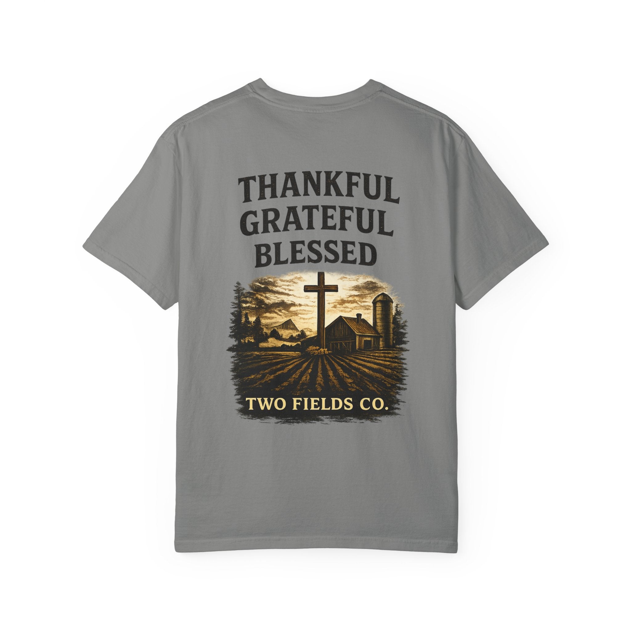 Gray crew-neck T-shirt with “THANKFUL GRATEFUL BLESSED” farm-cross graphic.