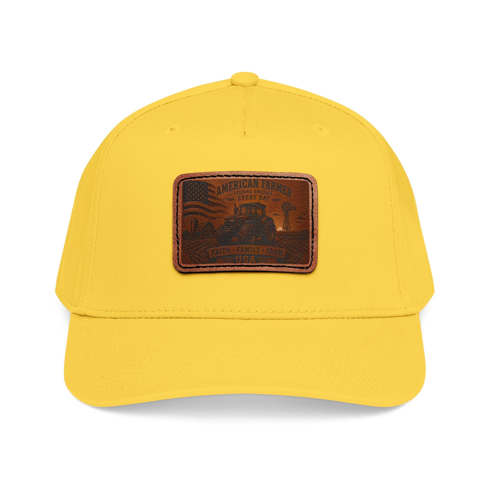Yellow baseball cap with tan leather rectangle patch
