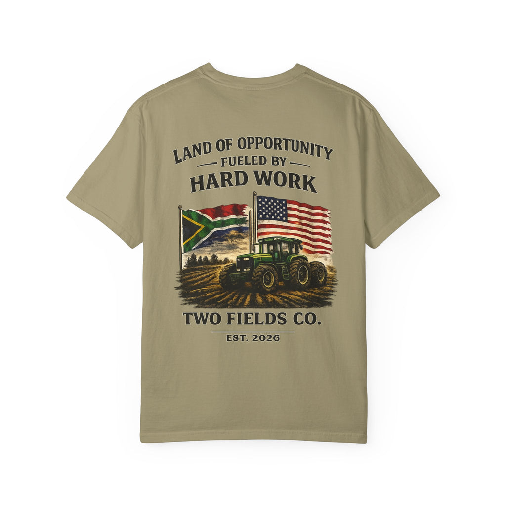 Olive back graphic tractor T-shirt with “Hard Work” text and flag artwork