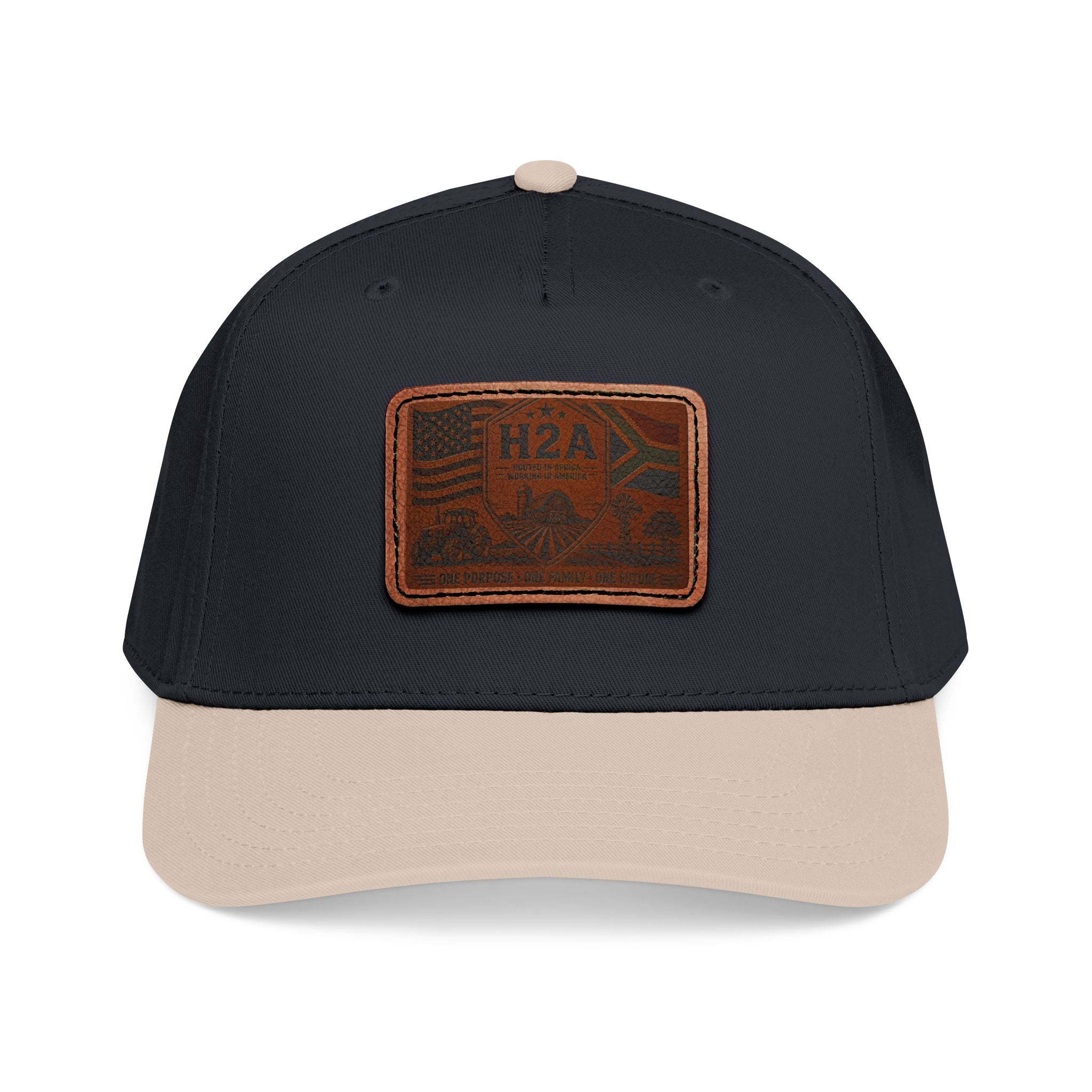 Navy baseball cap with beige brim and rectangular H2A flag patch