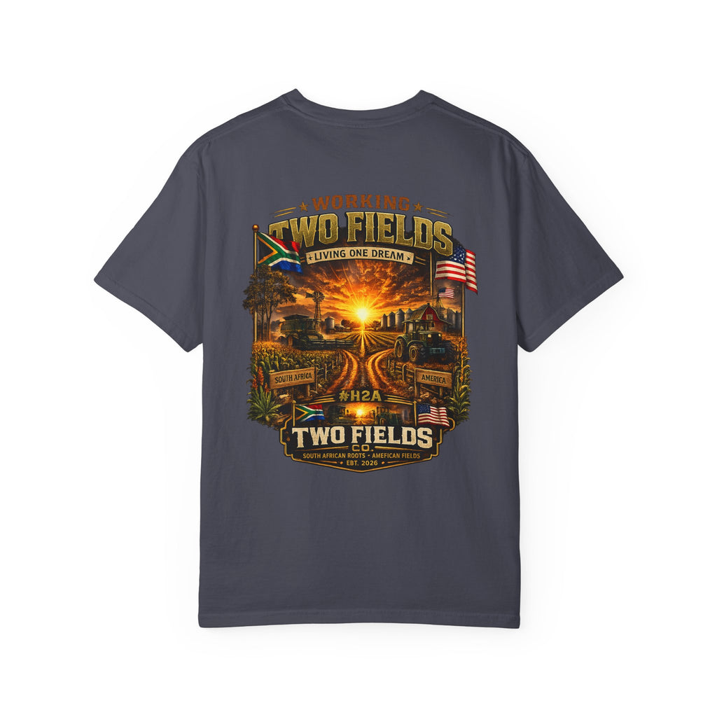 Slate blue T-shirt with large “Two Fields” sunset graphic, crew neck, short sleeves.
