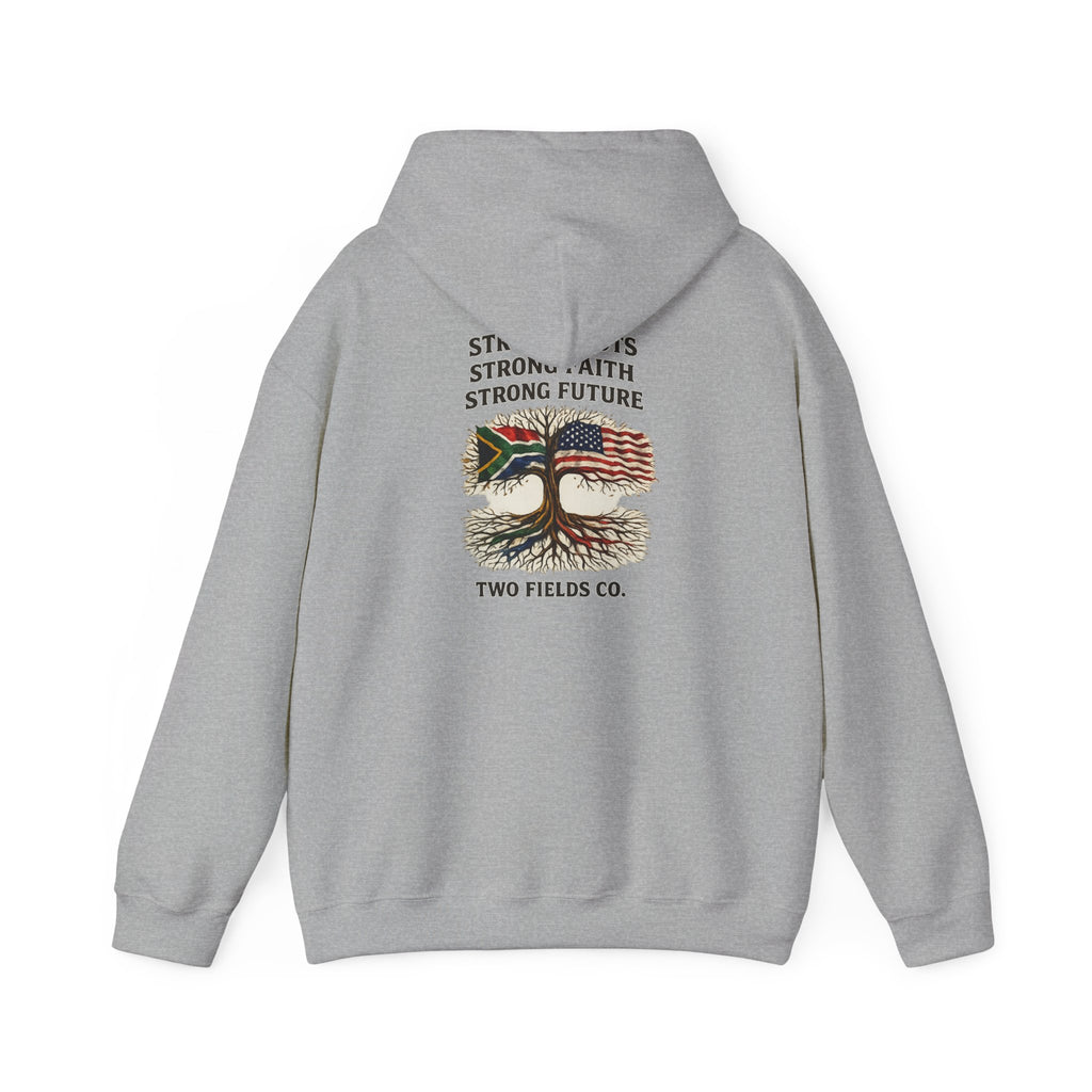 Heather grey hoodie with hood and back graphic of tree, U.S. flag, and text