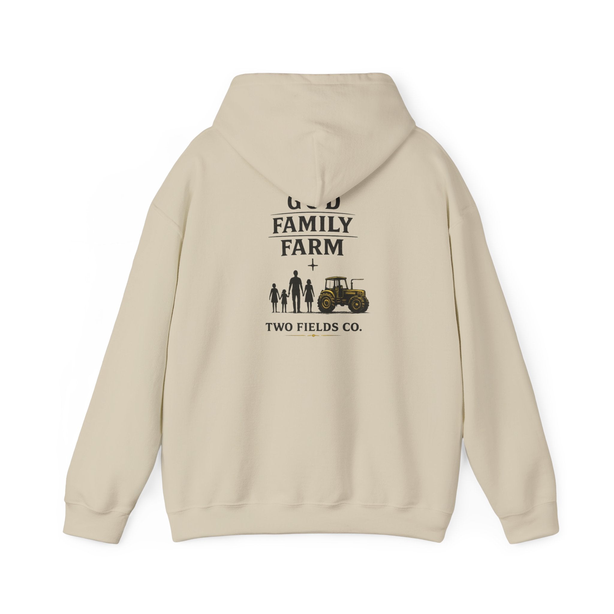 Light beige family farm hoodie with back graphic showing family and tractor