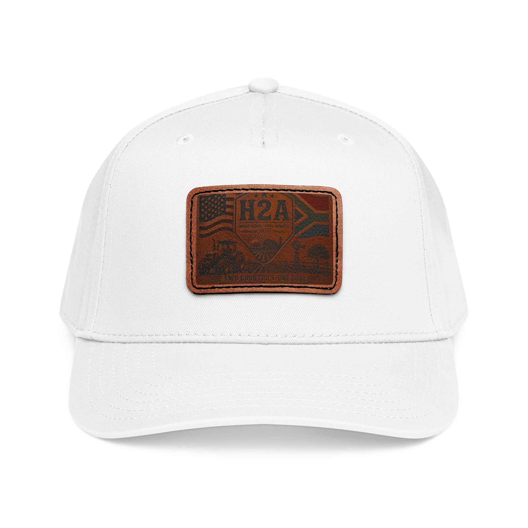 Mid-profile baseball cap in white with a rectangular leather H2A vintage flag patch