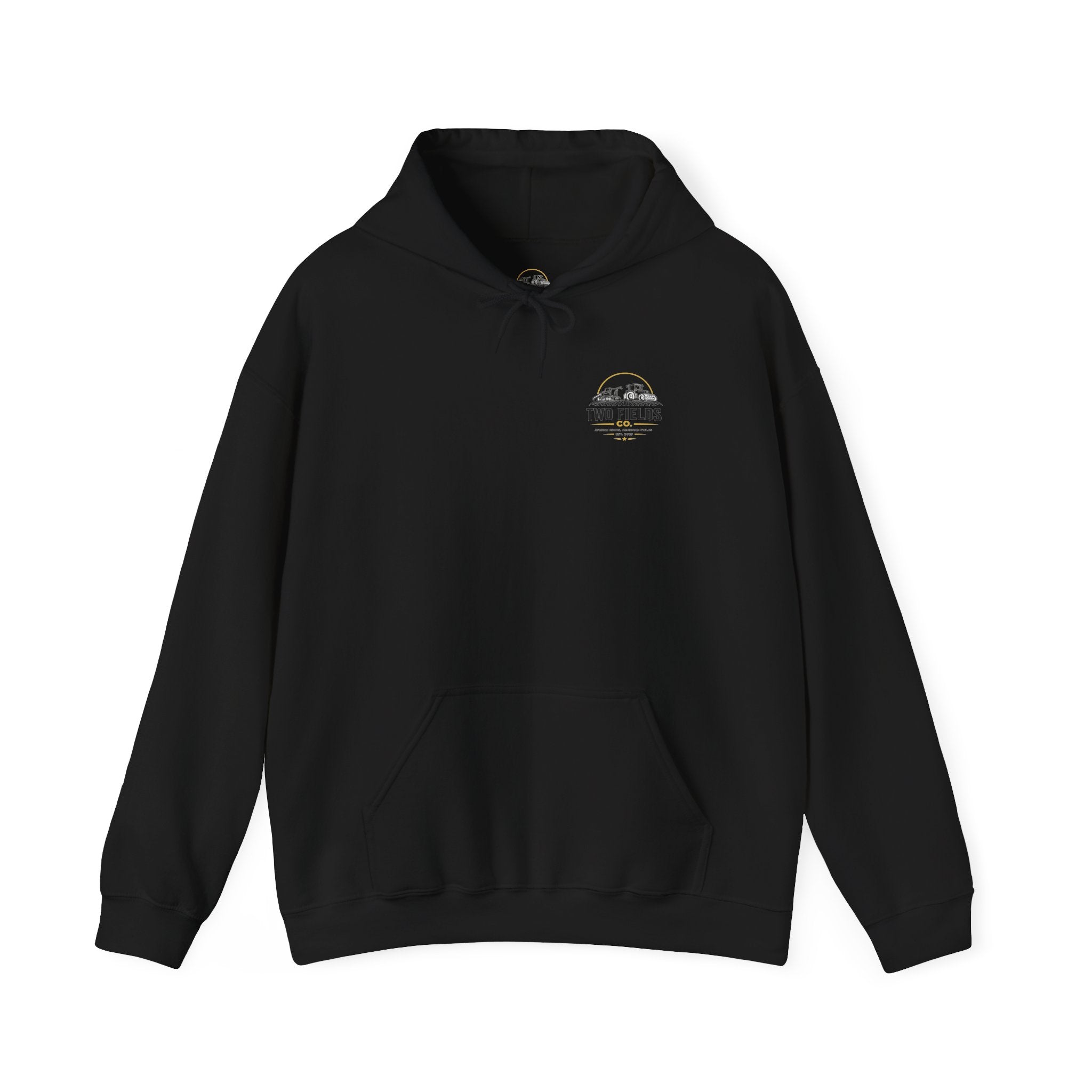 Black pullover hoodie with hood, front pocket, and small chest logo emblem