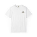 White crew-neck T-shirt with small round Two Fields logo on the left chest