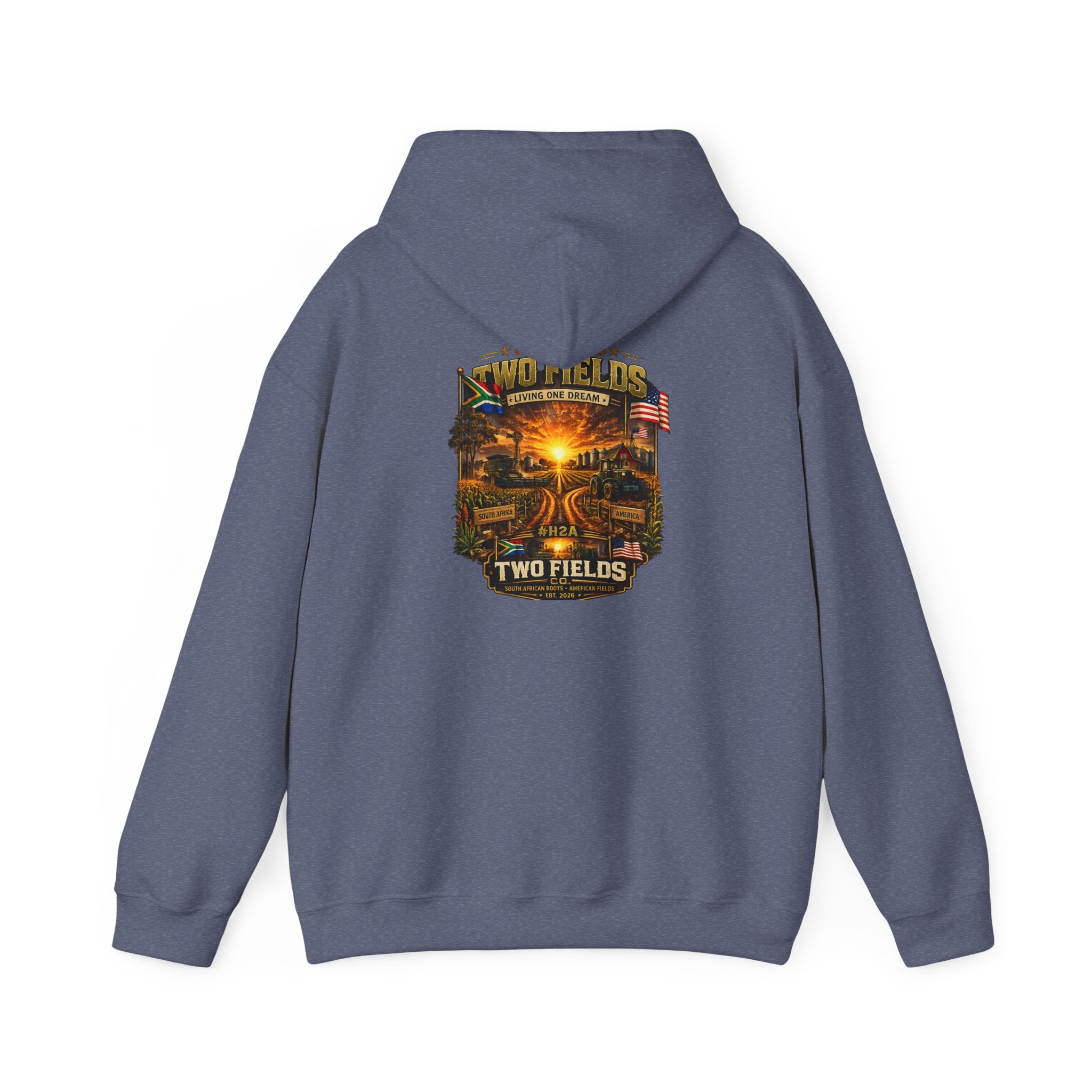 Blue heather pullover hoodie with hood and front pocket; back square scenic farm sunset graphic
