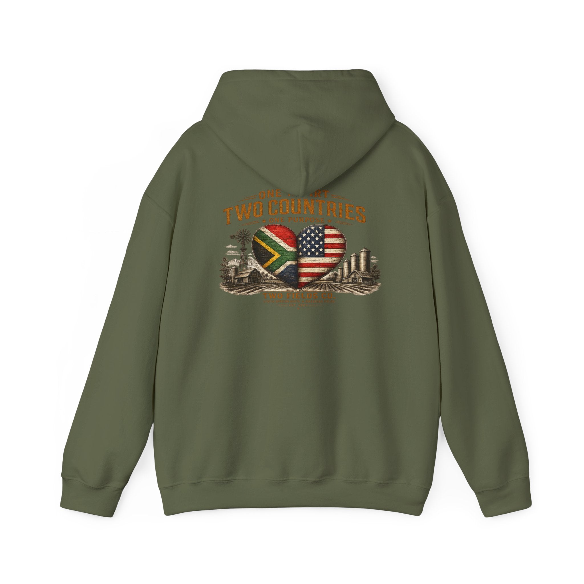 Olive green pullover hoodie with back hood and heart flag graphic print