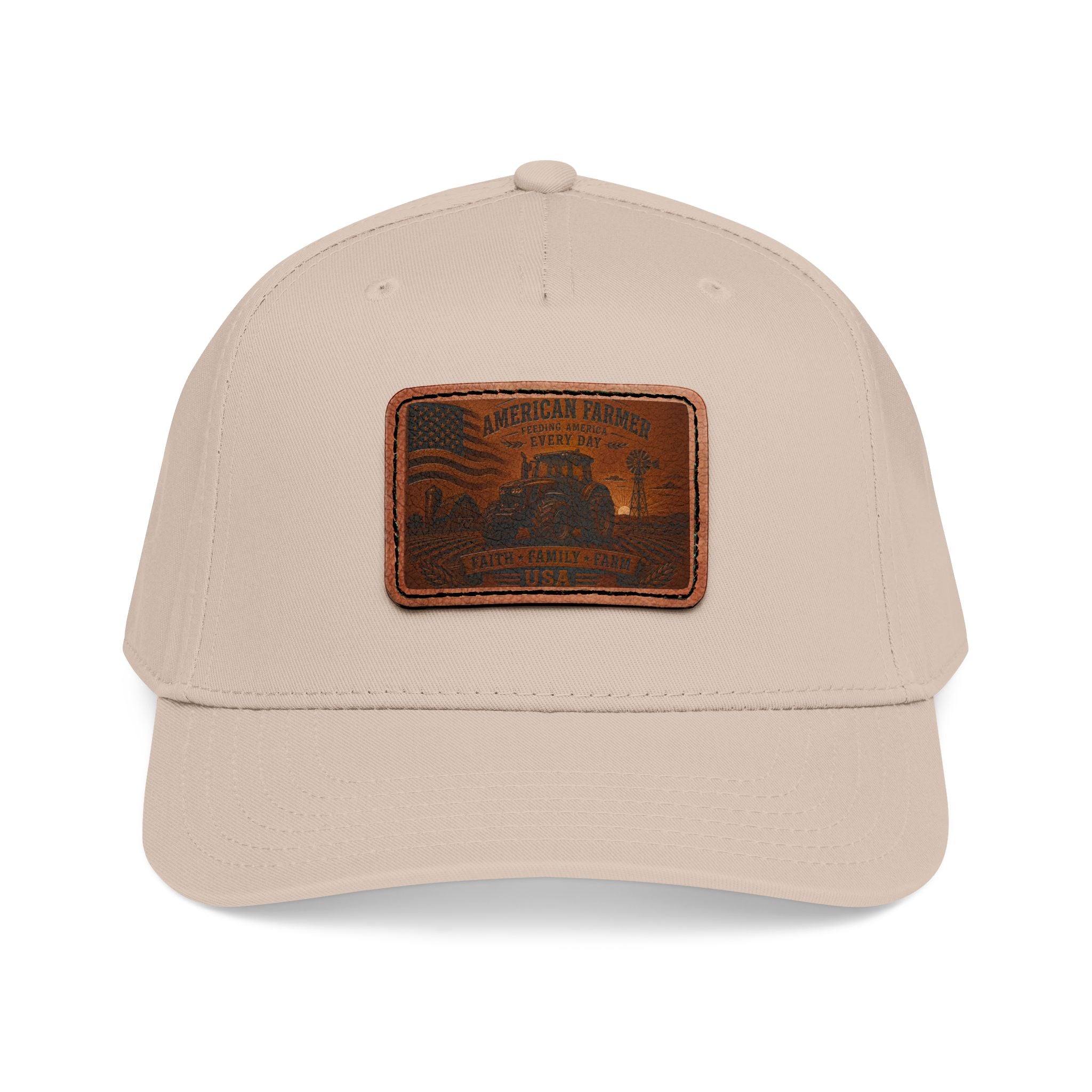 Light beige baseball cap with tan leather rectangle patch