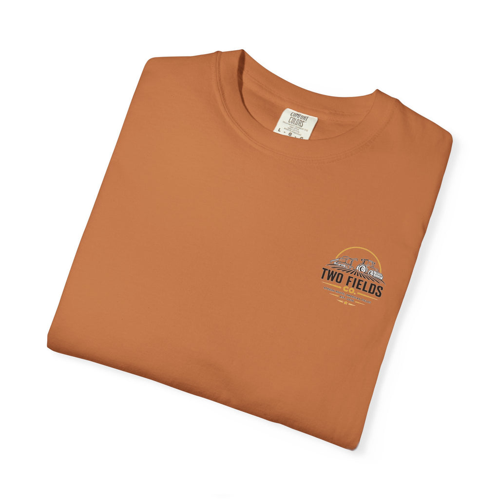 Rust brown T-shirt with small Two Fields Co. chest logo print