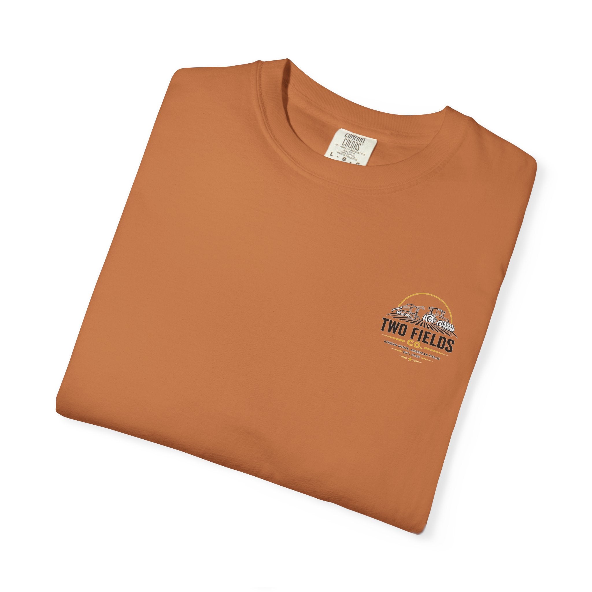 Rust brown T-shirt with small Two Fields Co. chest logo print