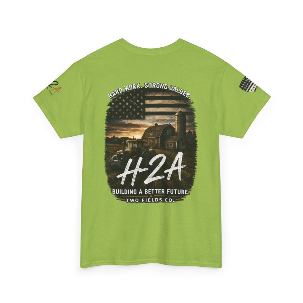 Lime green crew-neck t-shirt with large back H2A farm graphic
