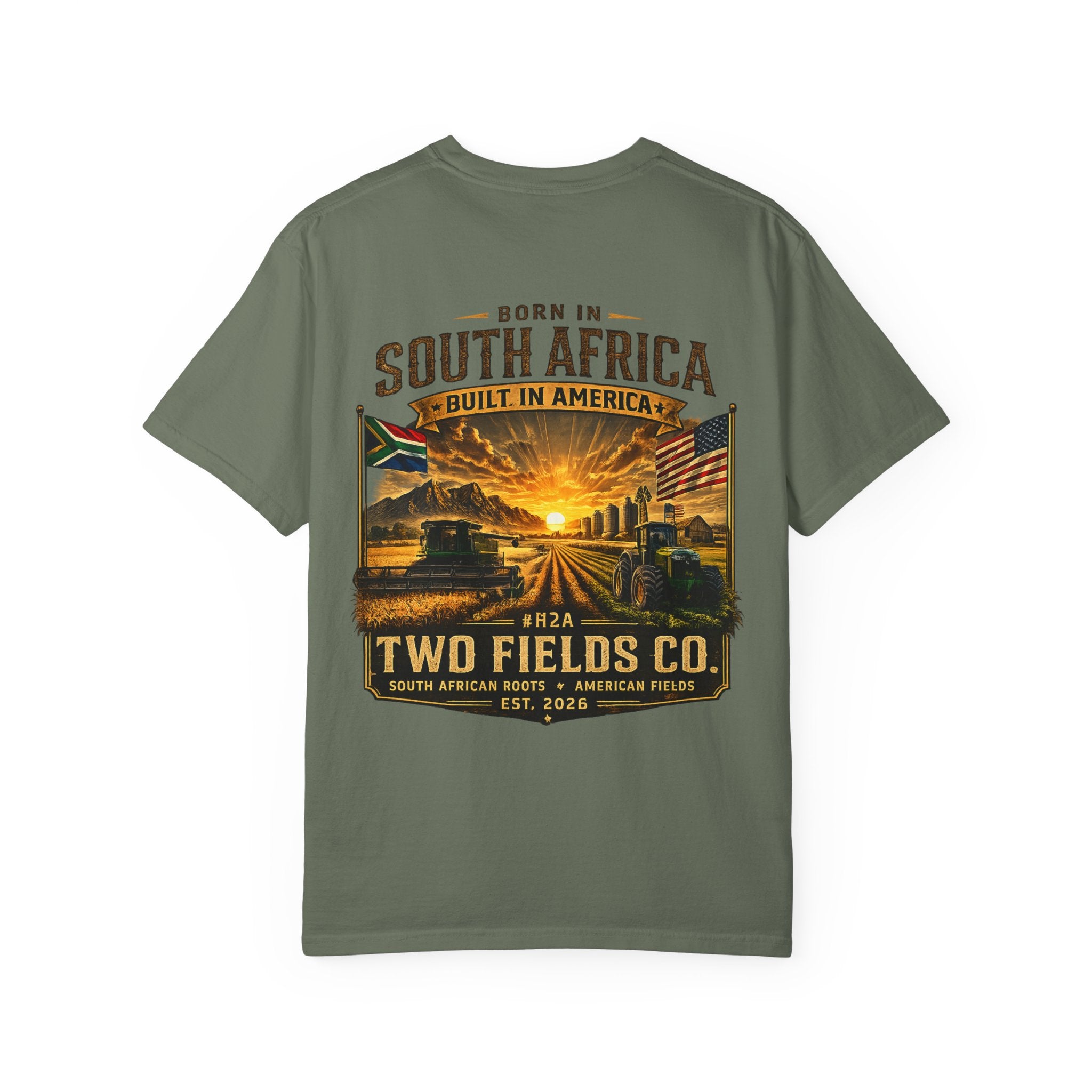 Green crew-neck graphic t-shirt with large South Africa road scene front print.