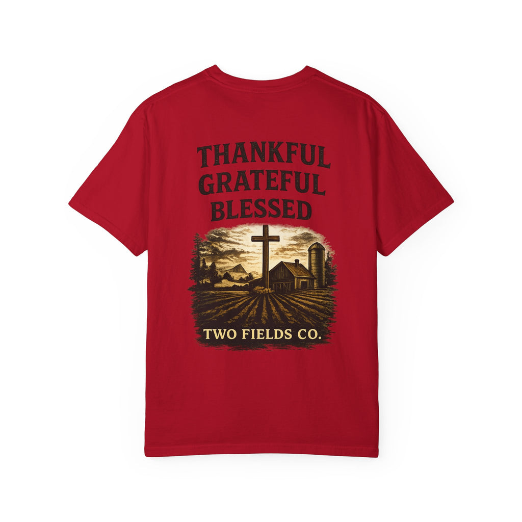 Christian farm cross graphic T-shirt, red crewneck with “THANKFUL GRATEFUL BLESSED” front graphic