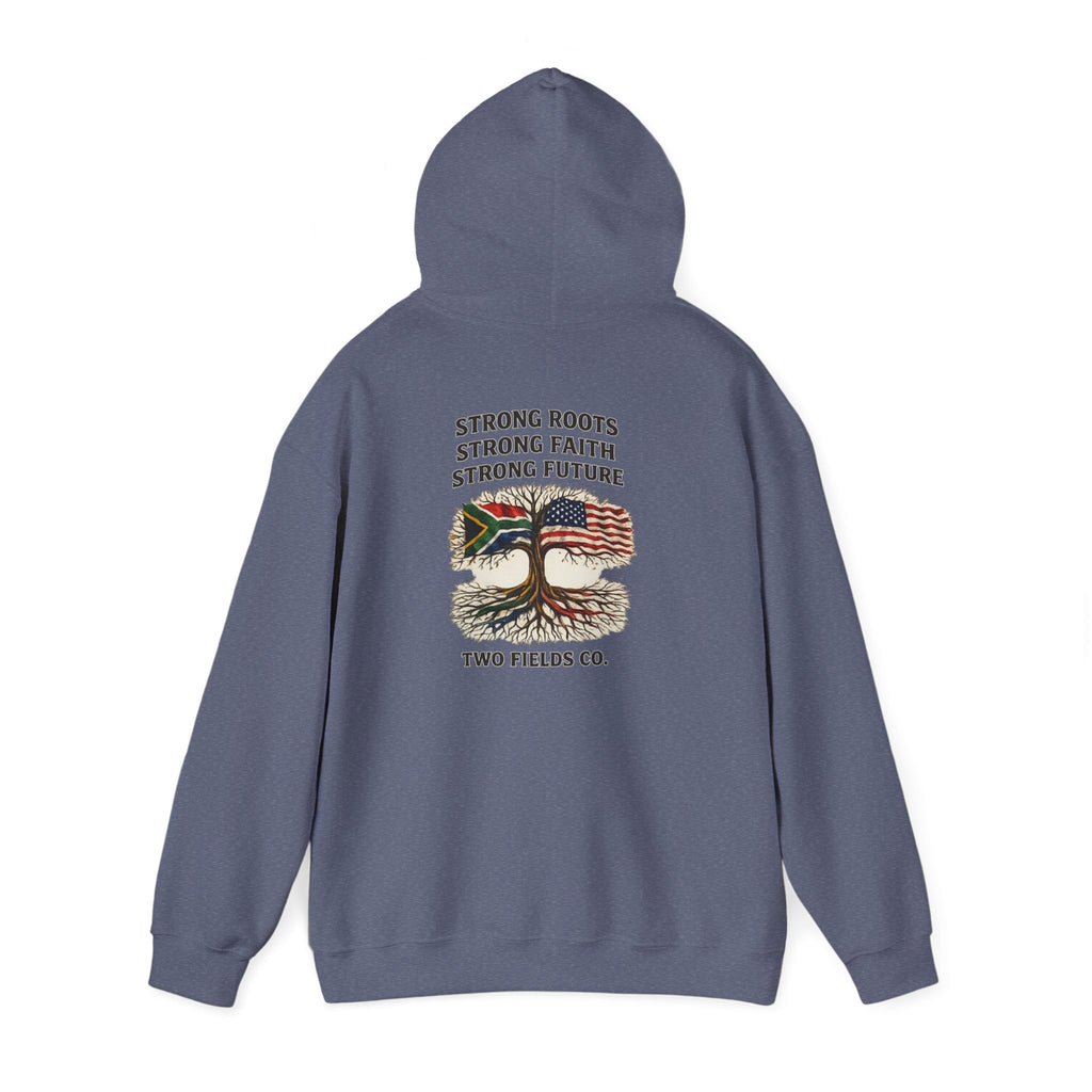 Slate blue back view hoodie with large central graphic and drawstring hood