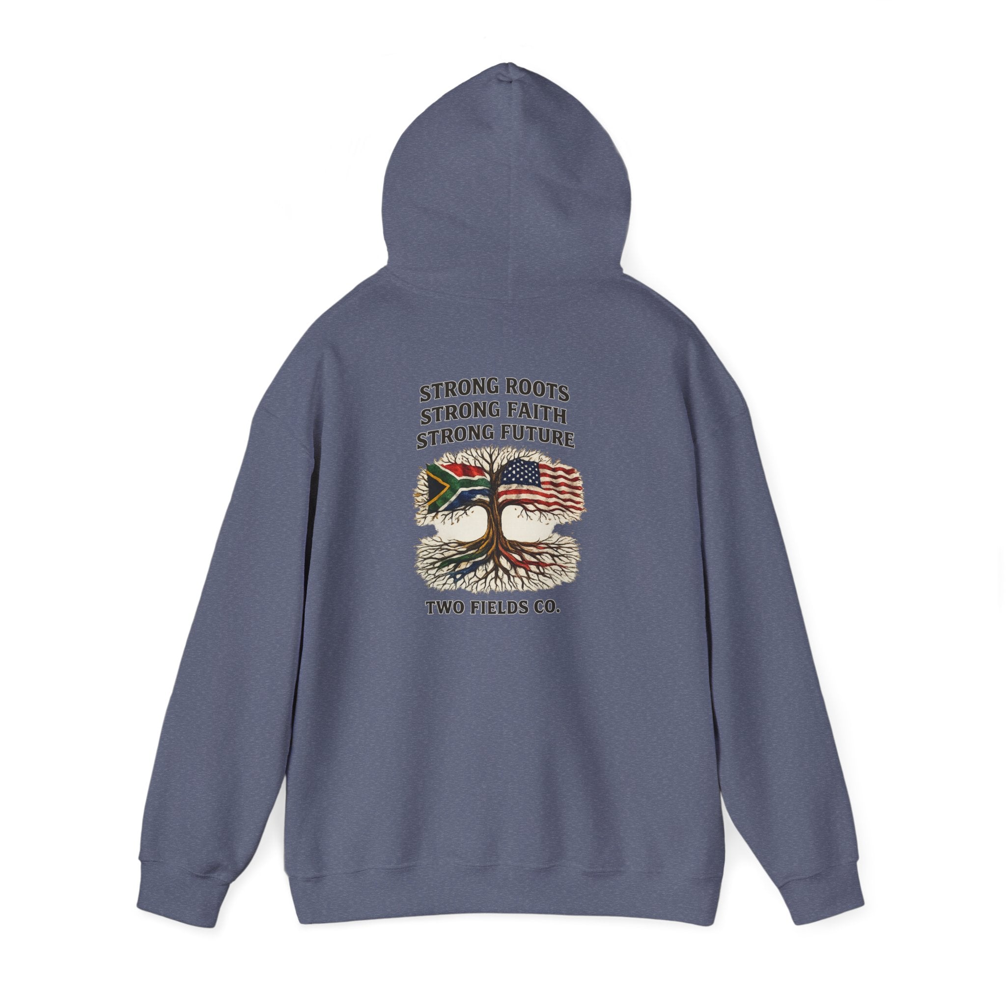 Slate blue back view hoodie with large central graphic and drawstring hood