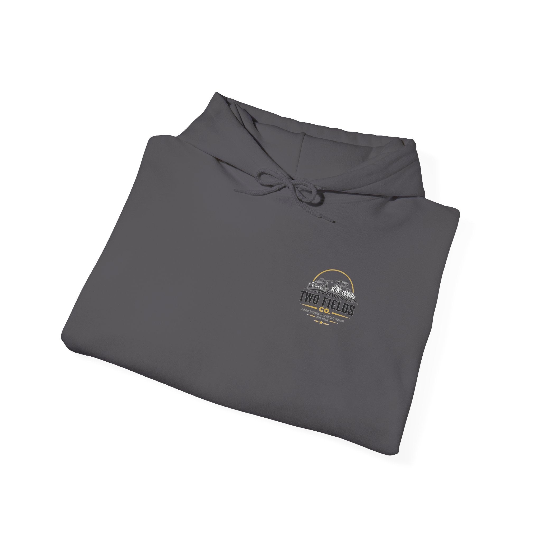Charcoal pullover hoodie, folded, with small vintage logo graphic