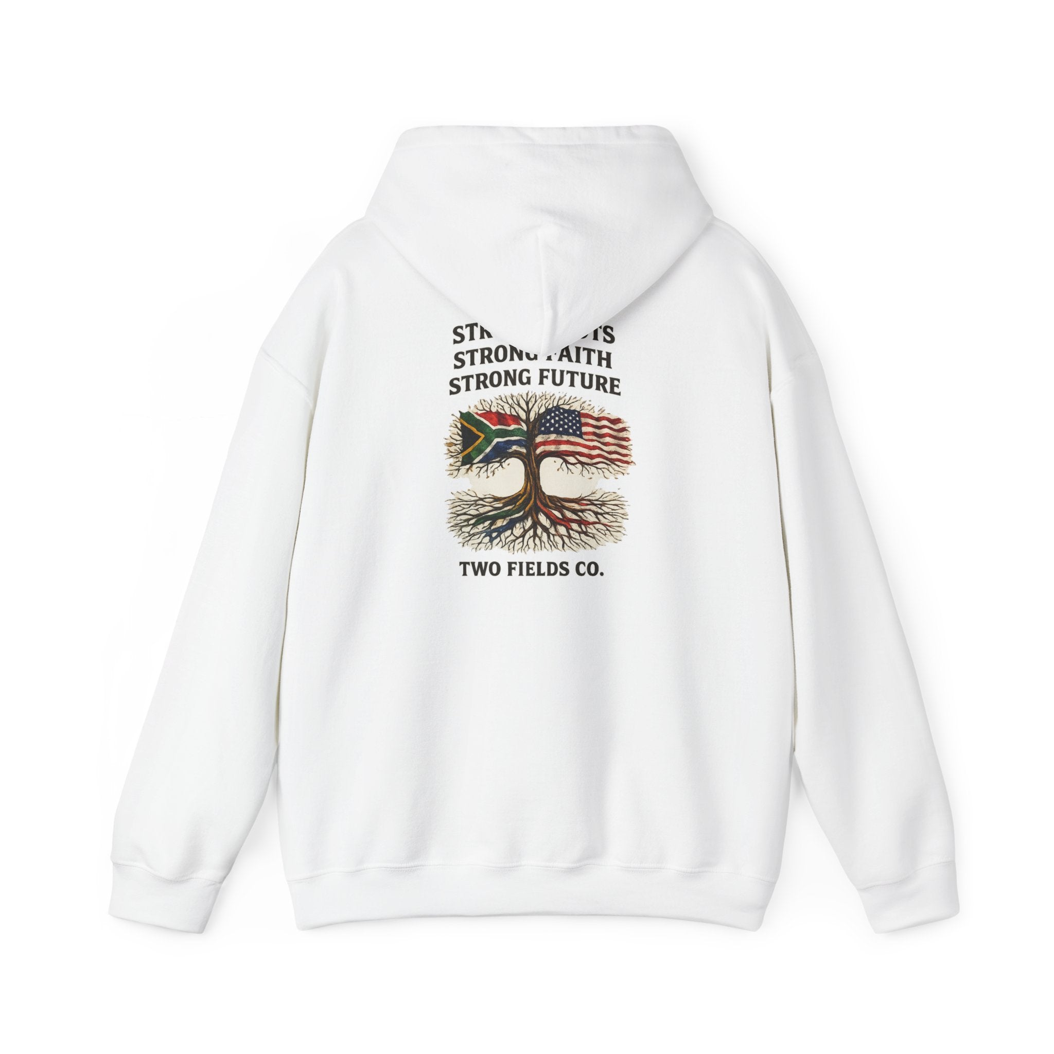 White hoodie with back graphic print, drawstring hood, and ribbed cuffs