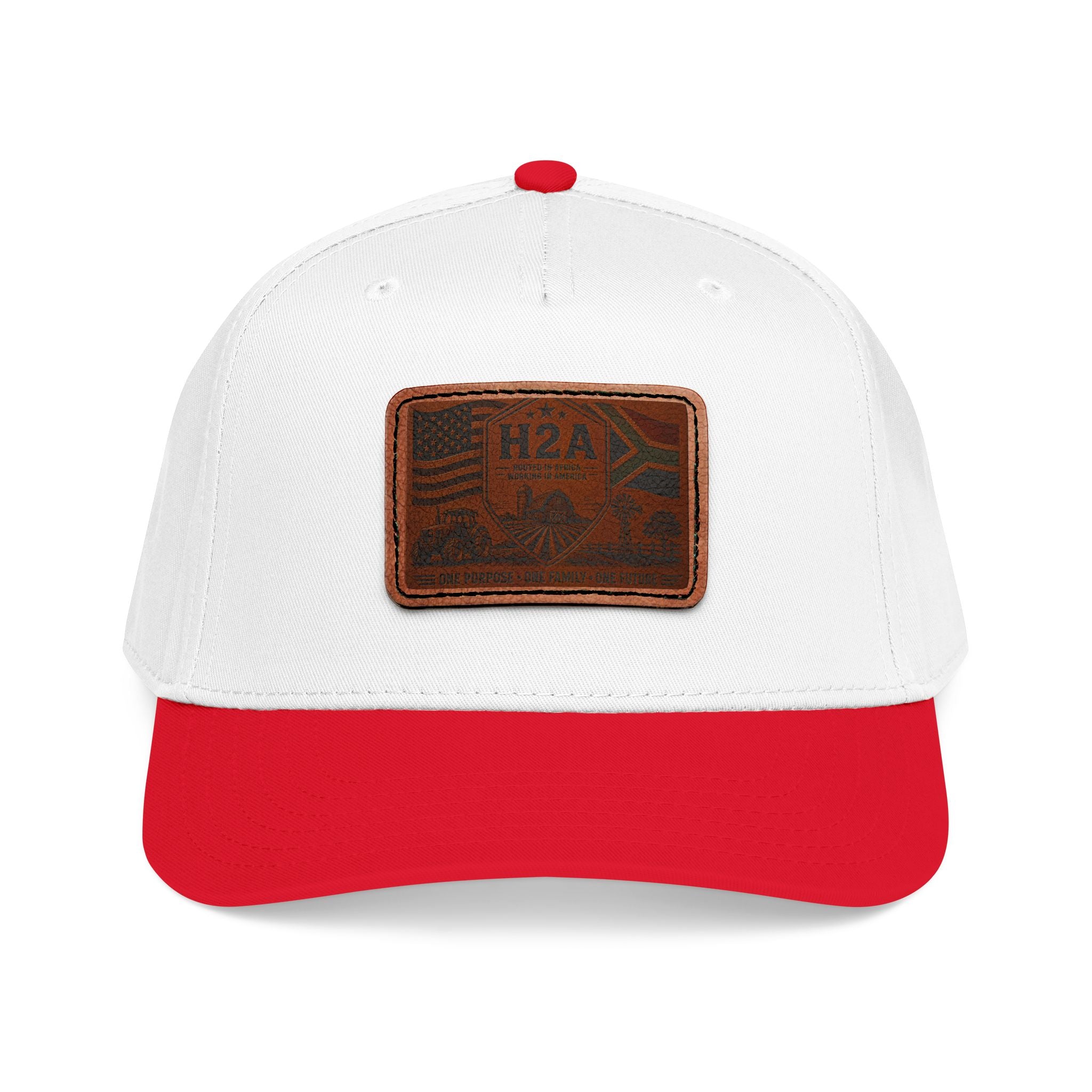 White/red two-tone leather patch baseball cap with rectangular H2A flag patch