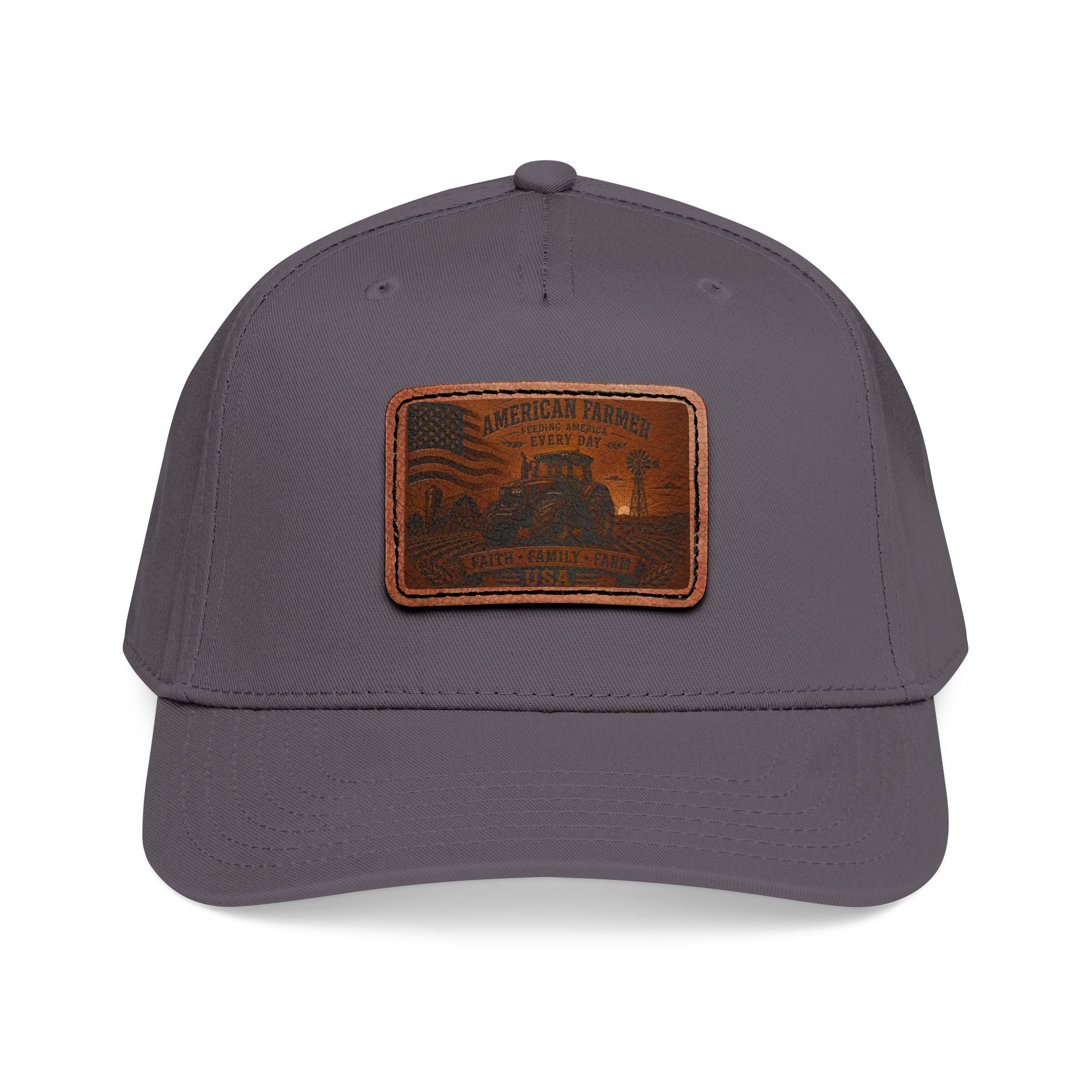 Leather patch baseball cap with gray crown, darker gray brim, and stitched leather badge.