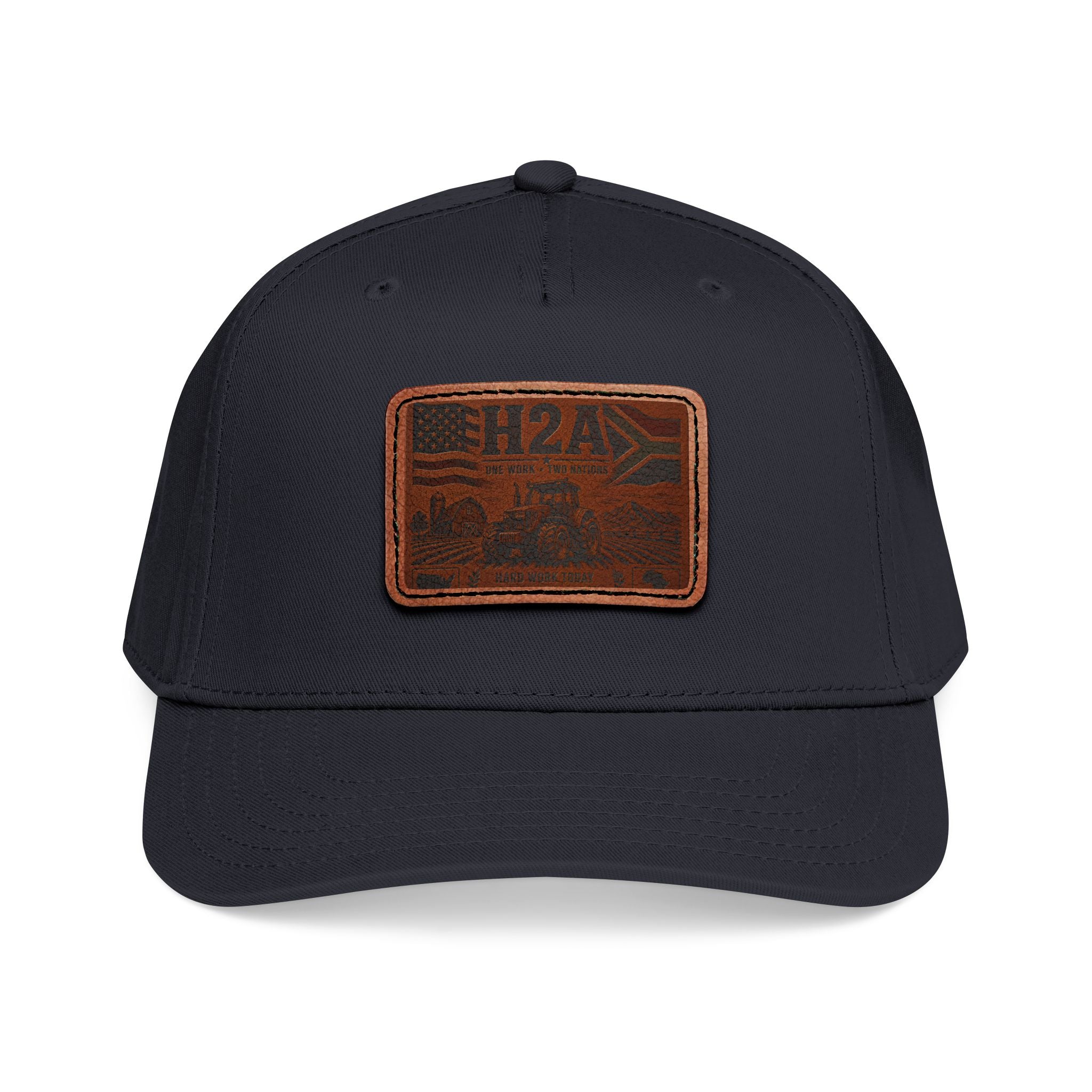 Navy baseball cap with rectangular H2A truck leather patch