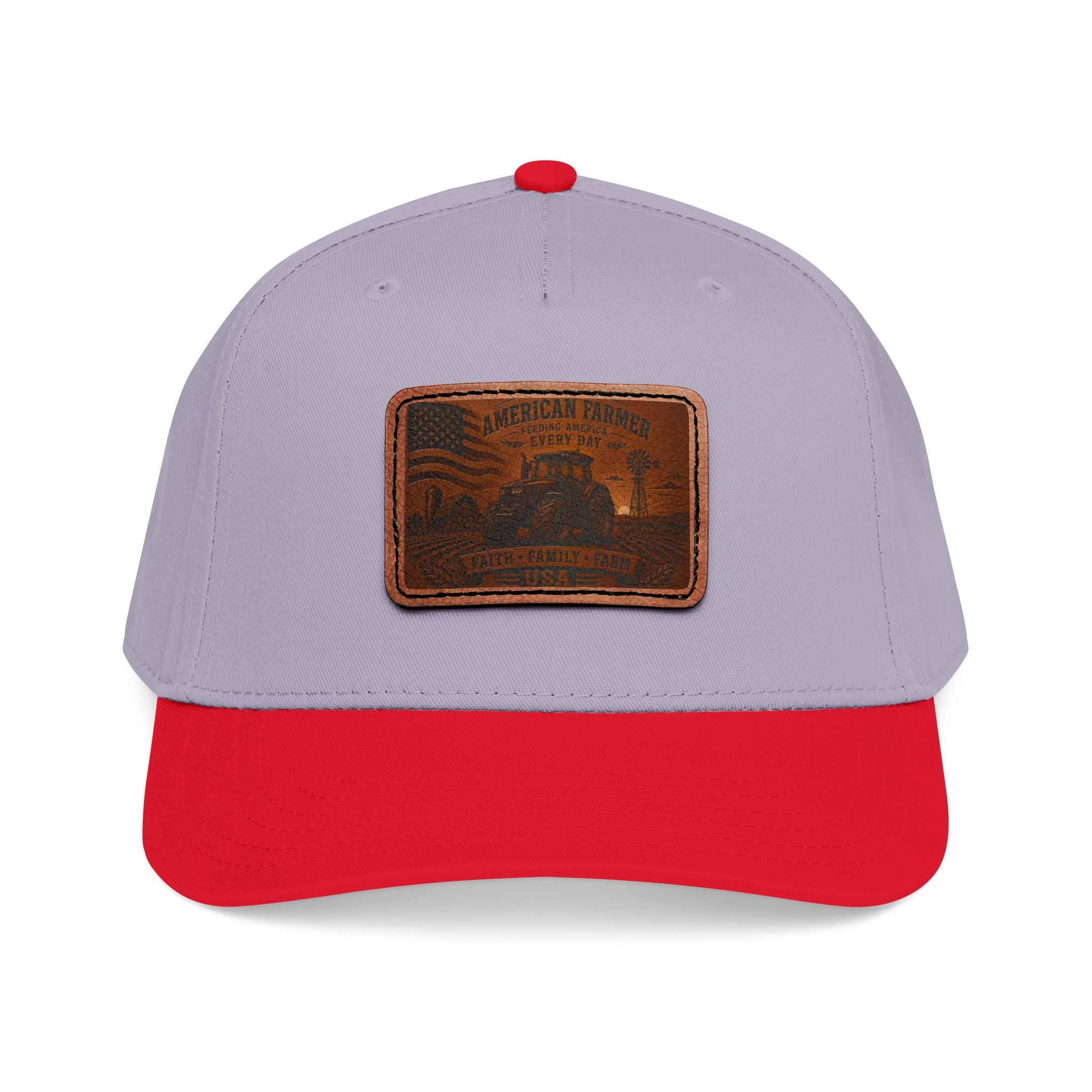 Leather patch baseball cap, light gray with red brim and rectangular light-brown front patch.