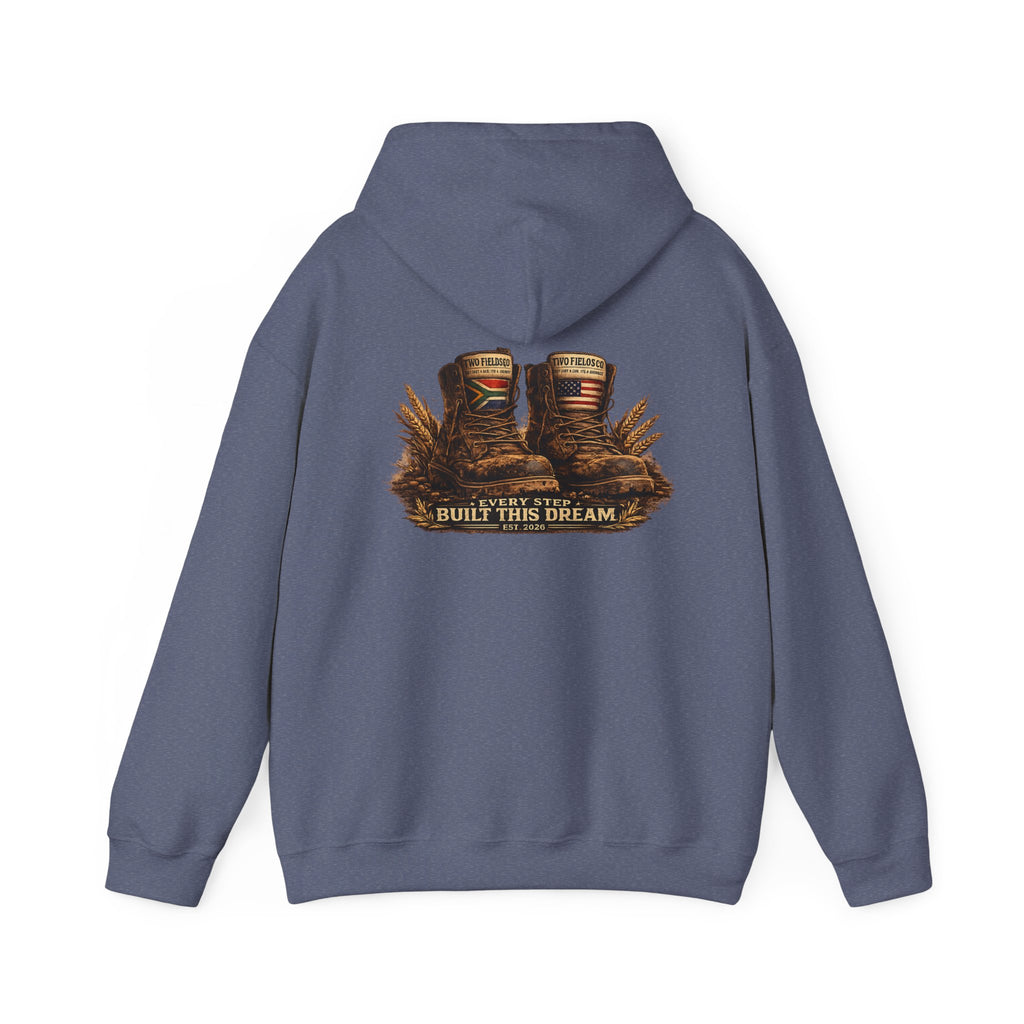 Blue zipless hoodie with kangaroo pocket, hood, and large back western graphic print