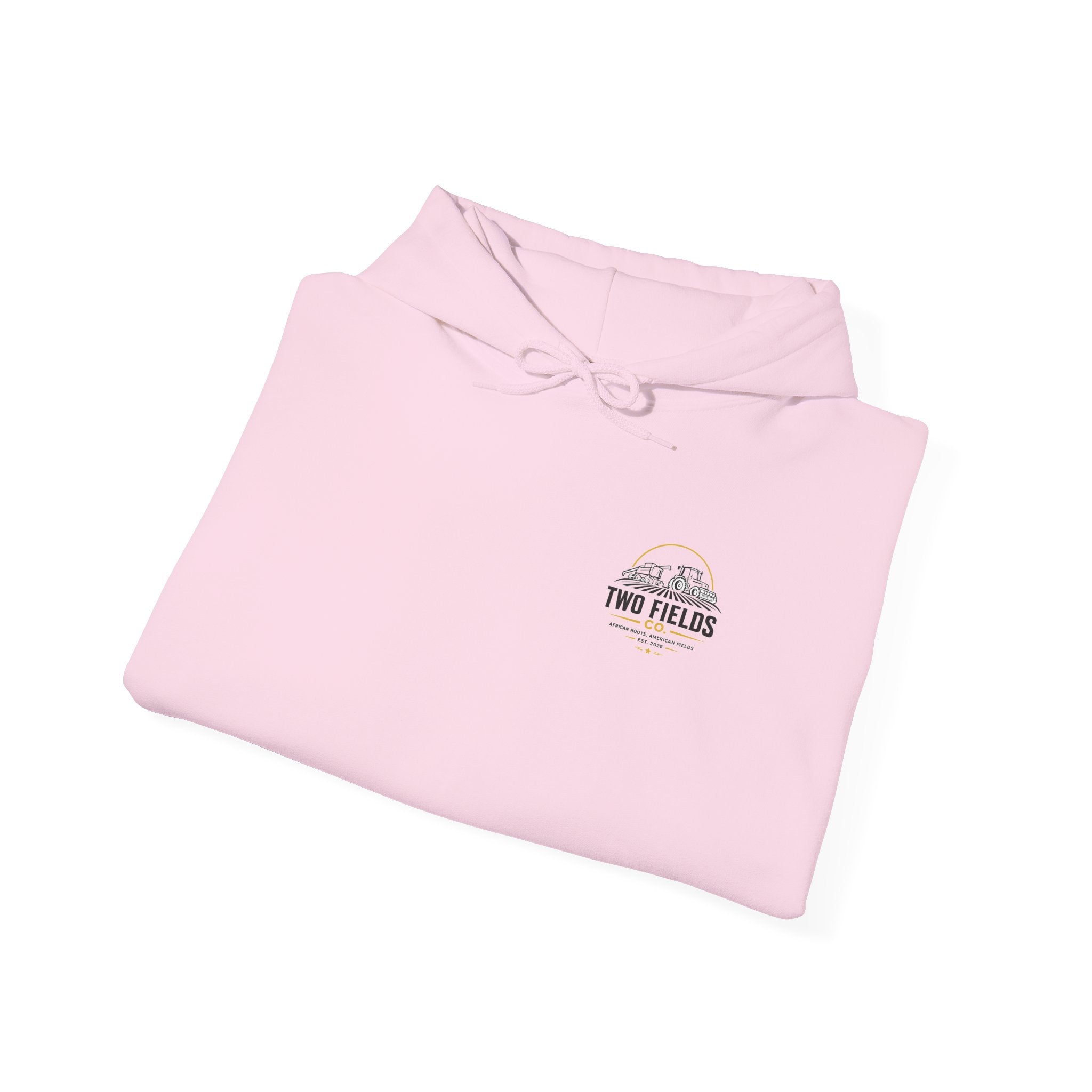 Pink hoodie folded flat, front pouch and drawstring, small Two Fields Co logo