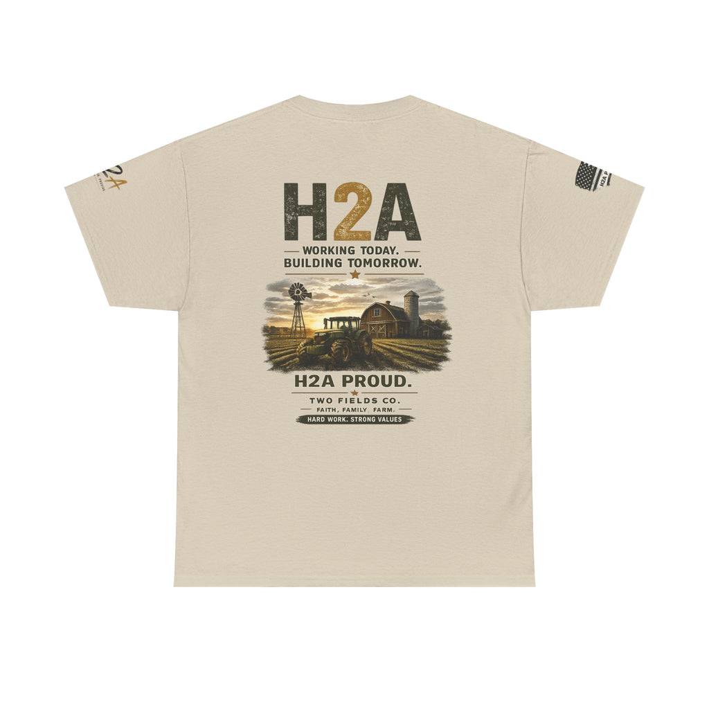 Sand farming T-shirt with H2A back print, farm scene and working today text