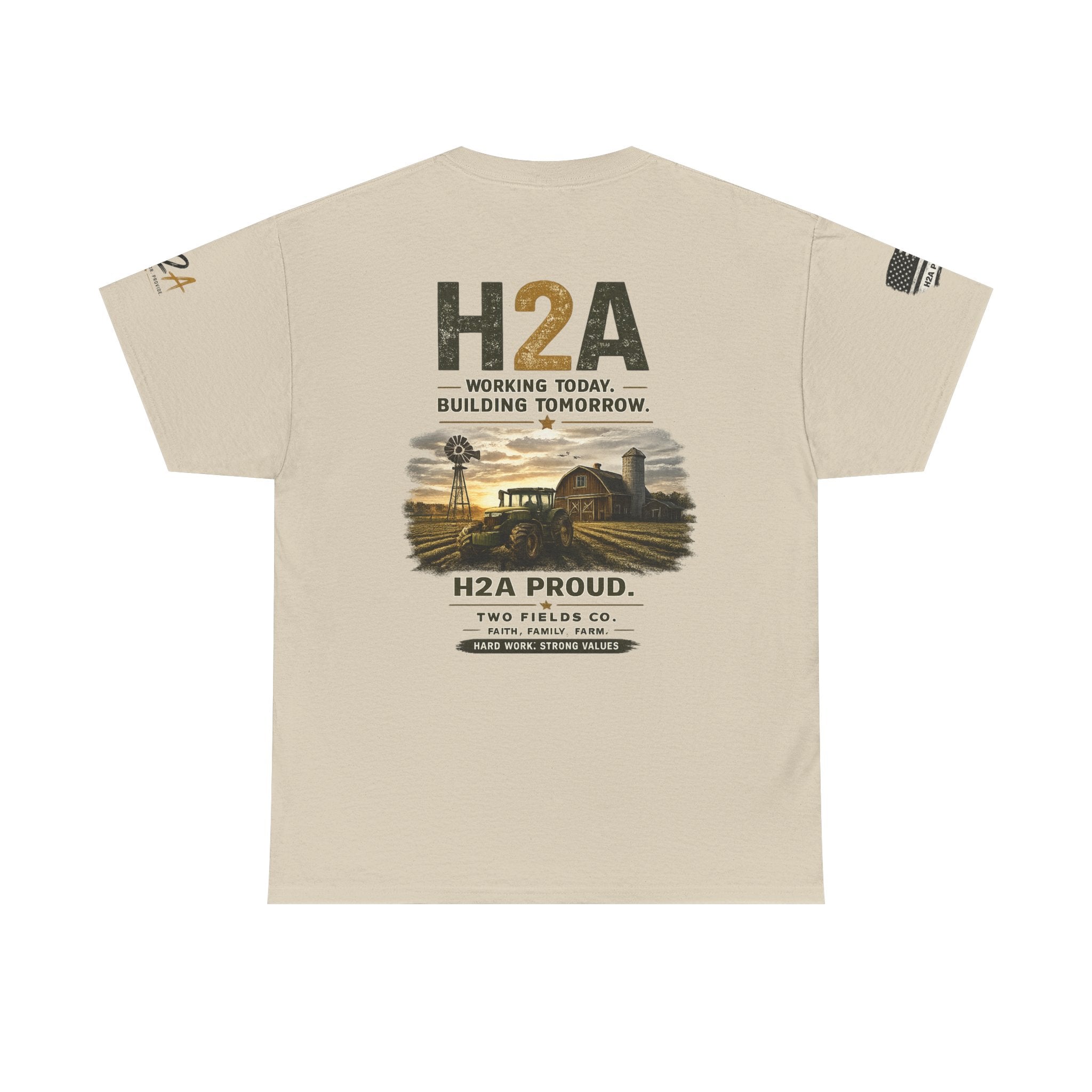 Sand farming T-shirt with H2A back print, farm scene and working today text