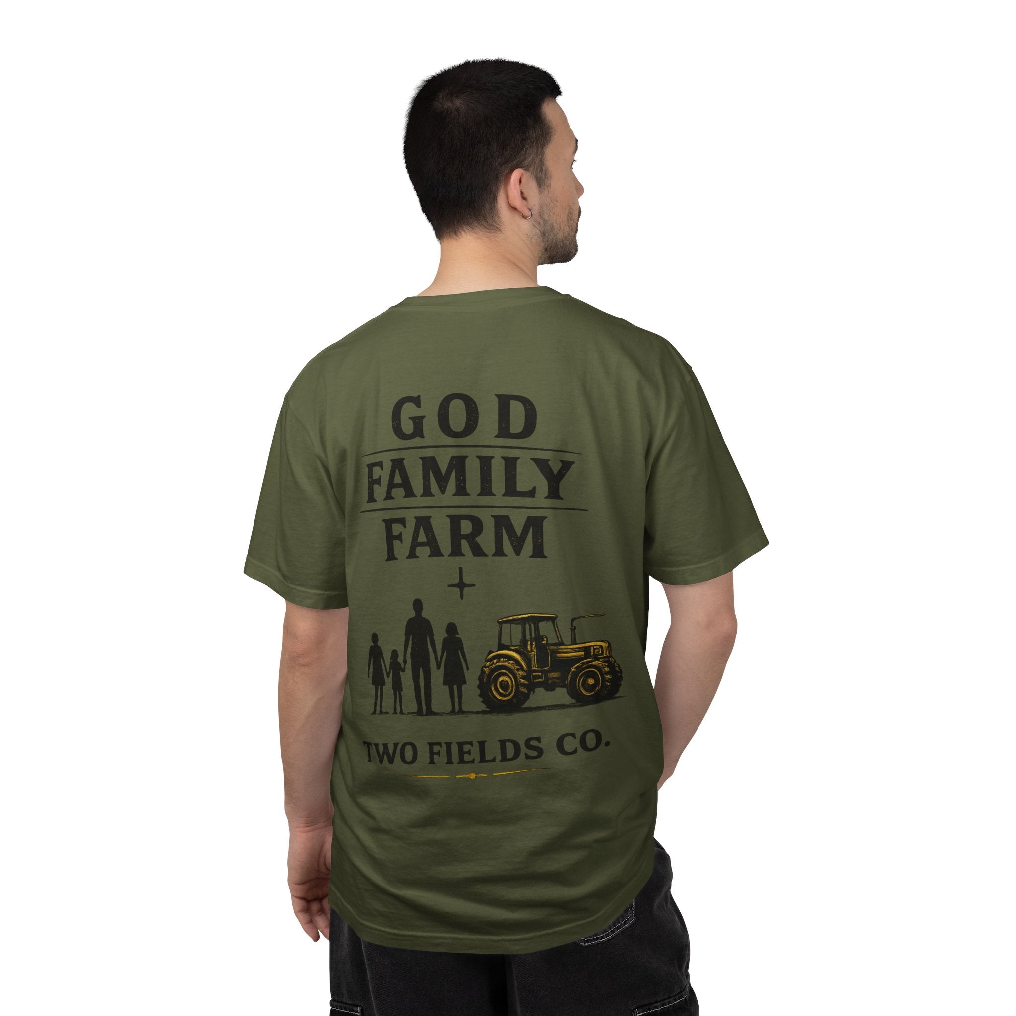 Olive T-shirt back with “GOD FAMILY FARM” text, family figures, and tractor