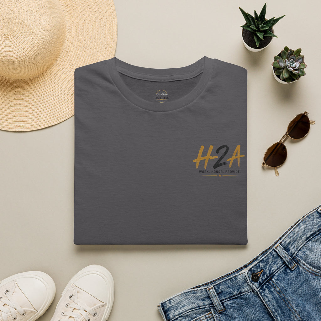 Unisex softstyle t-shirt in charcoal gray with small chest logo print
