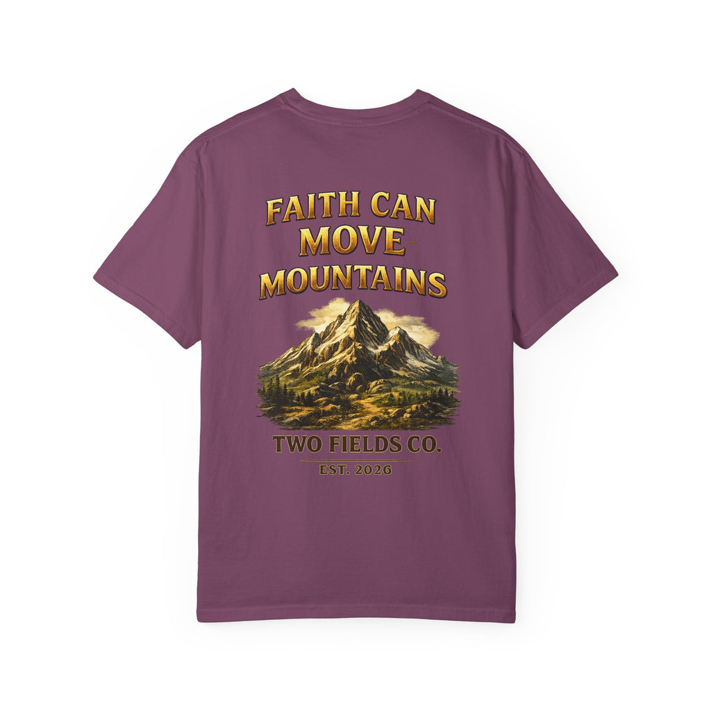 Plum T-shirt with Faith Can Move Mountains mountain graphic on the back