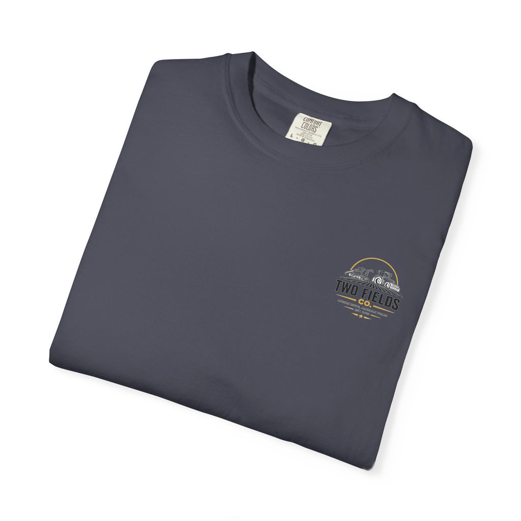 Charcoal crew-neck T-shirt, folded view, small Two Fields chest logo