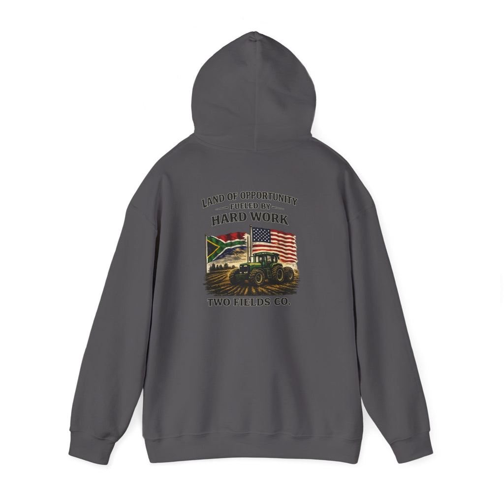 Charcoal pullover hoodie, back print shows tractor image with flag and “HARD WORK”