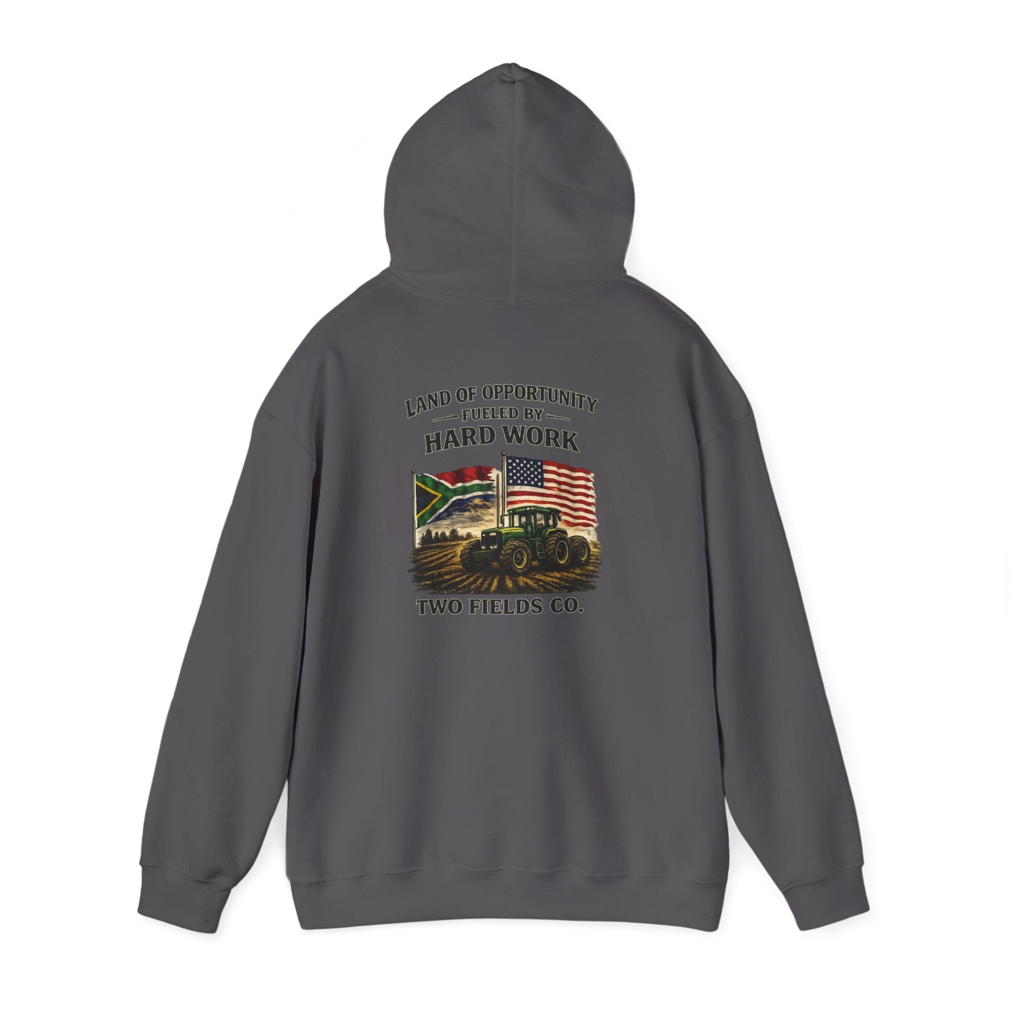 Charcoal pullover hoodie, back print shows tractor image with flag and “HARD WORK”