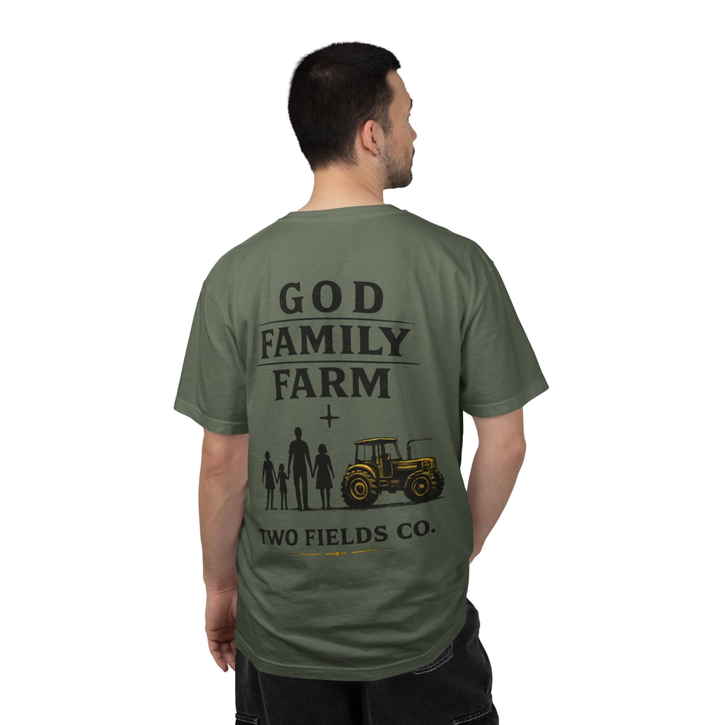Olive green T-shirt with back 'GOD FAMILY FARM' family figures and tractor graphic