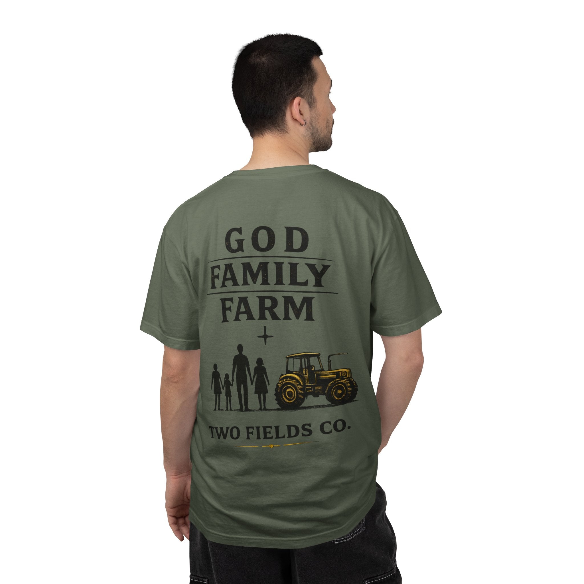 Olive green T-shirt with back 'GOD FAMILY FARM' family figures and tractor graphic