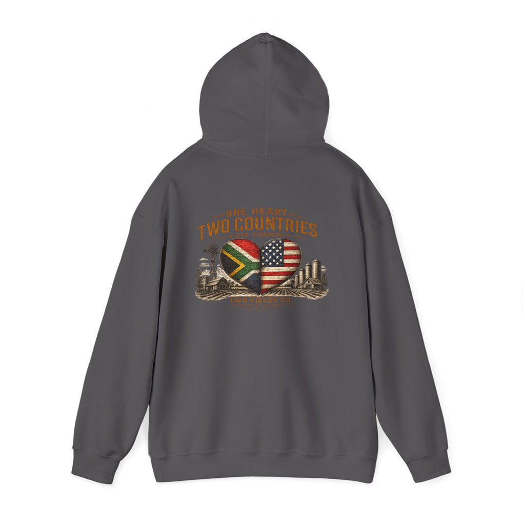 Dark charcoal gray pullover hoodie with hood and heart-and-flag graphic on back