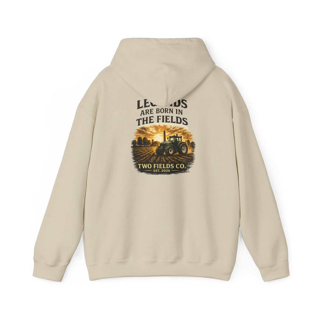 Two Fields light beige hoodie with large back print and tractor graphic
