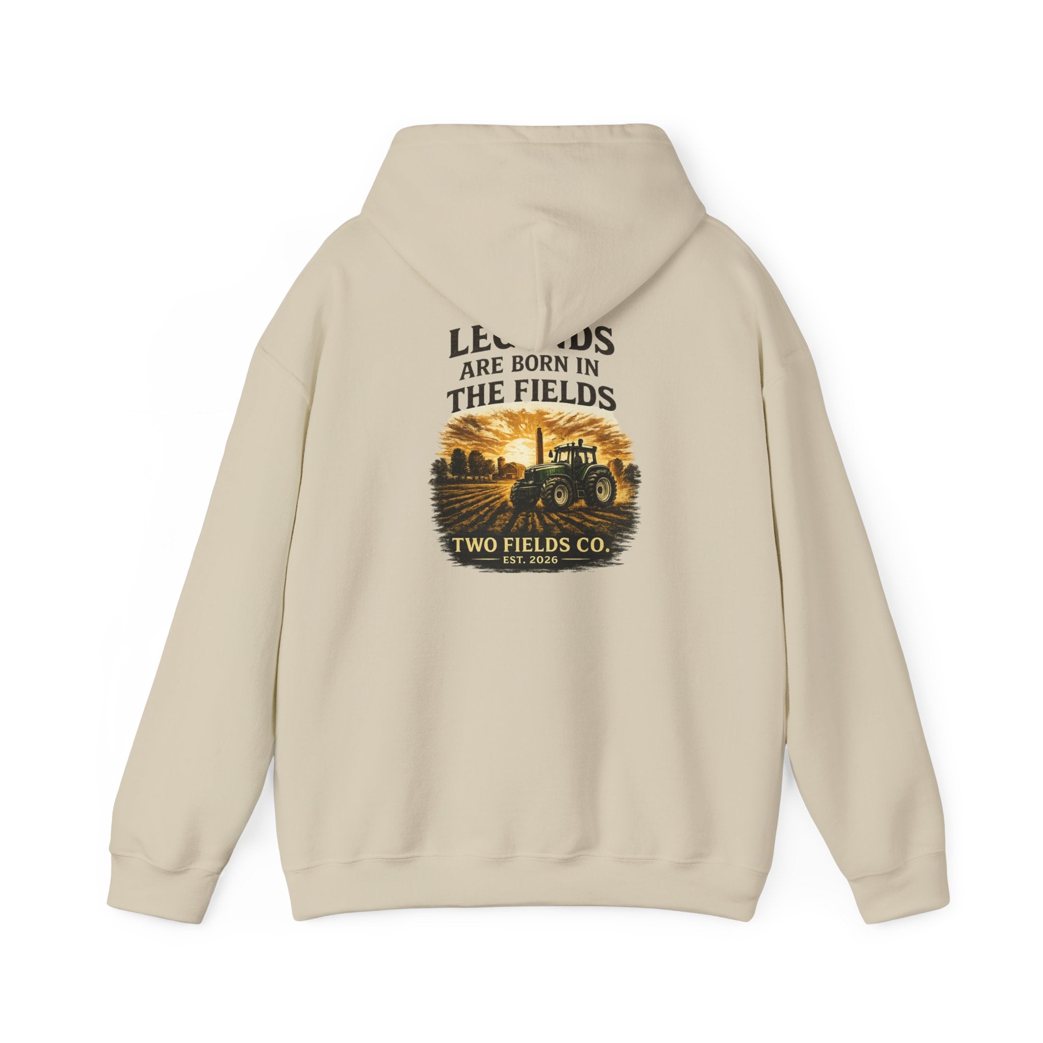 Two Fields light beige hoodie with large back print and tractor graphic
