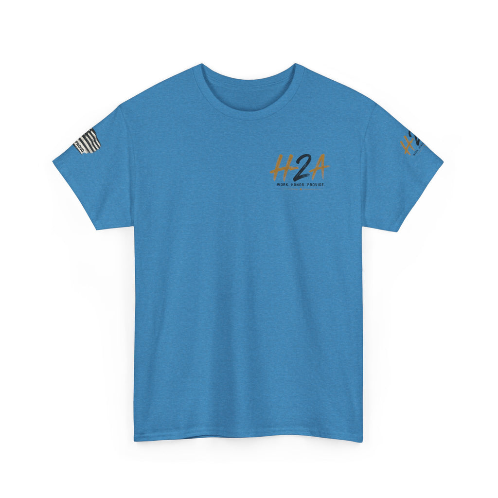Blue crew-neck t-shirt with small H2A logo on the chest