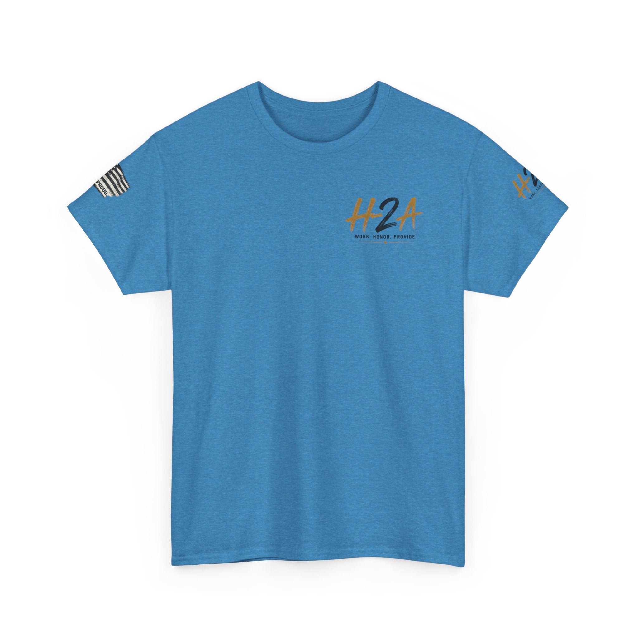 Blue crew-neck t-shirt with small H2A logo on the chest
