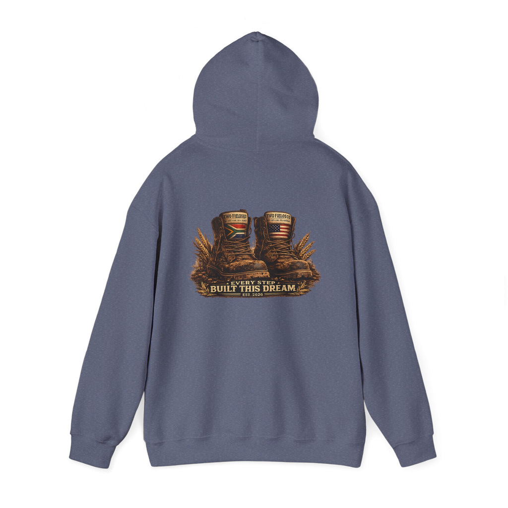 Blue pullover hoodie with hood and large back graphic showing two book spines and text