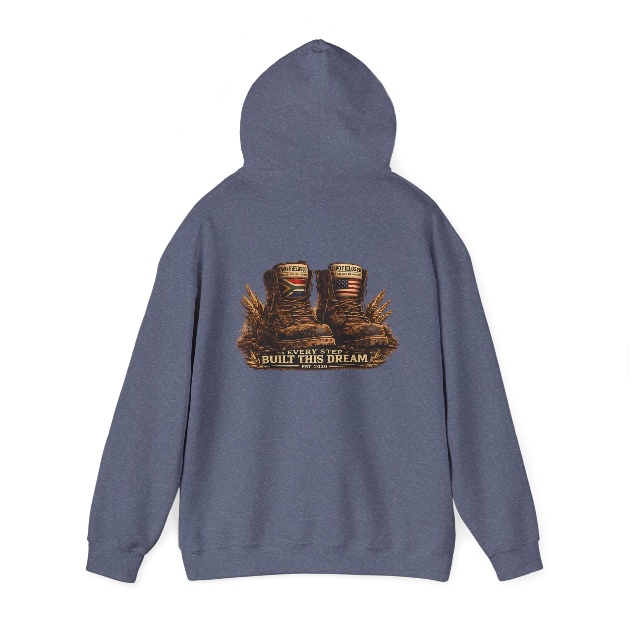 Blue pullover hoodie with hood and large back graphic showing two book spines and text