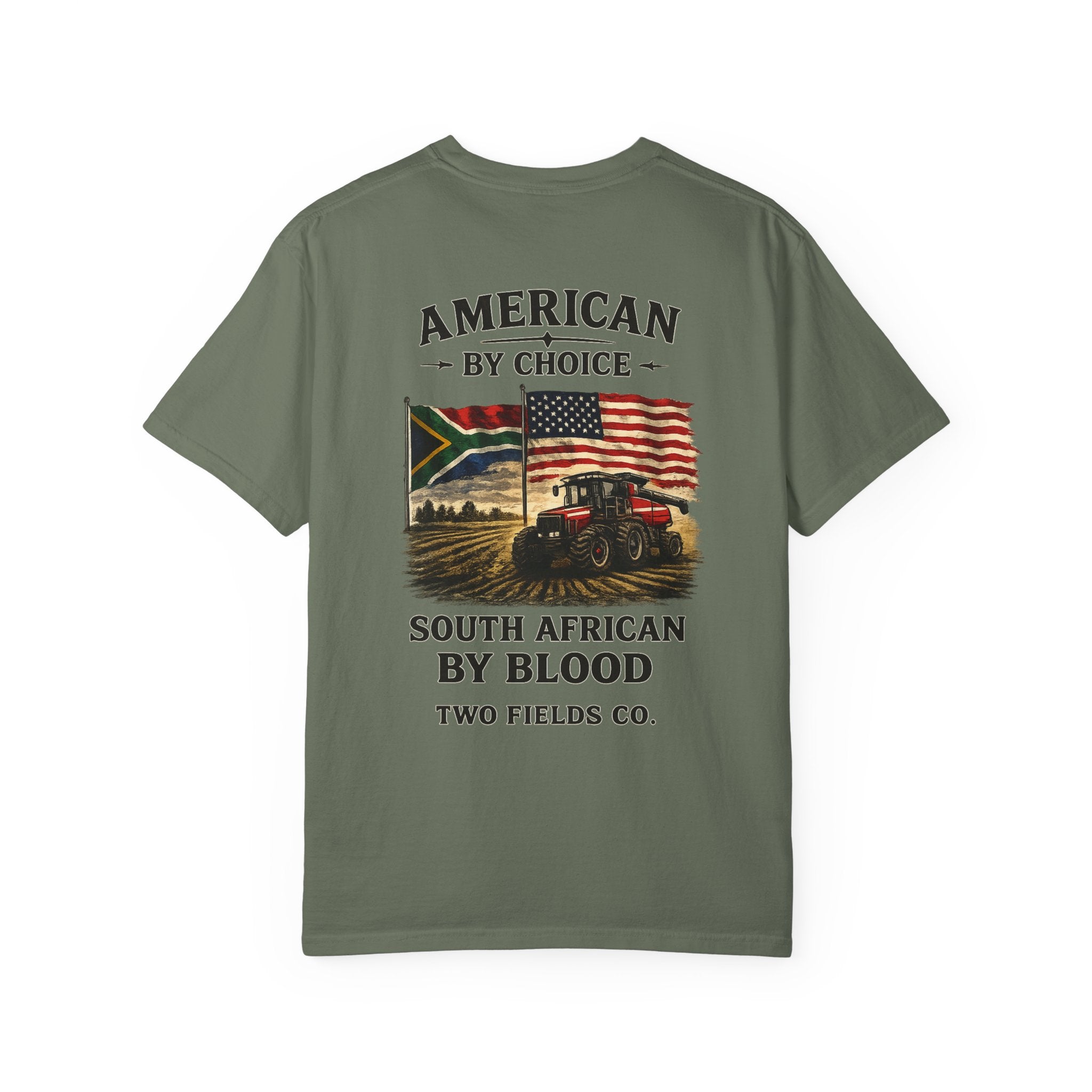 Olive green T-shirt with bold American by Choice South African by Blood front print