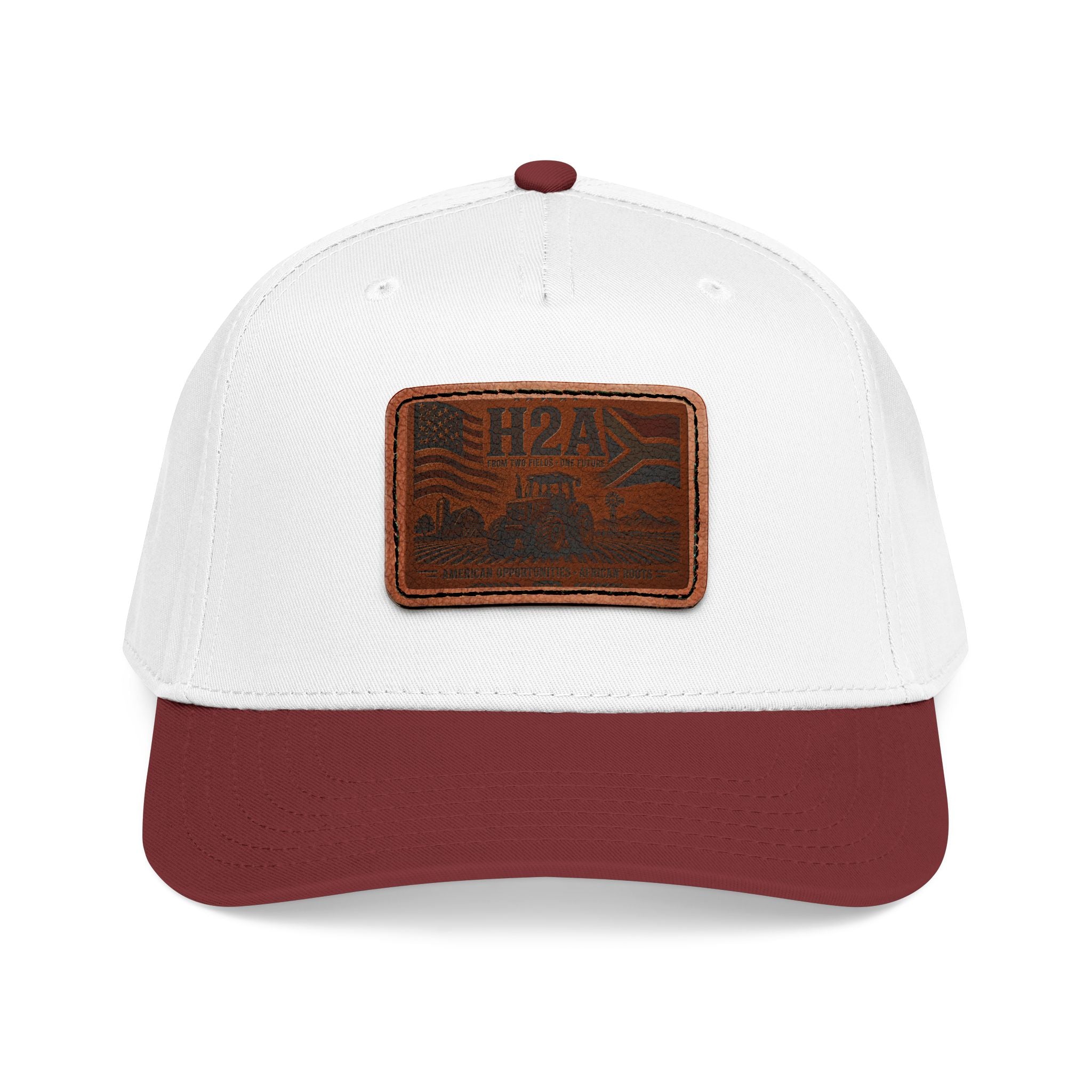 Two-tone baseball cap with white crown, maroon red brim, rectangular leather H2A patch